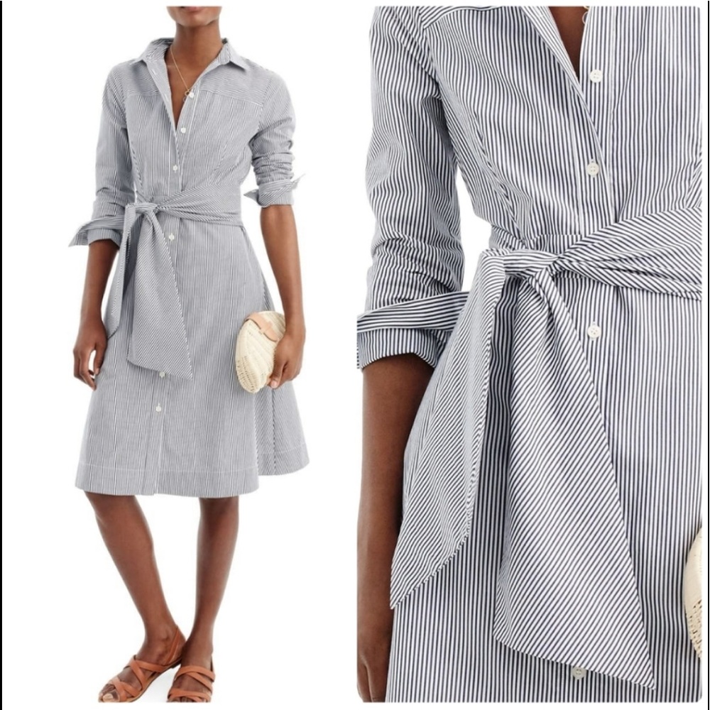 J. Crew Tie Waist Striped Shirtdress Sz 12 Blue White Nwt